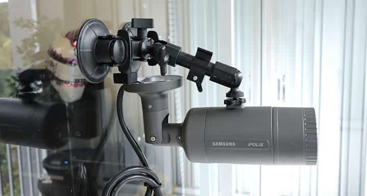 Security camera installed on the glass